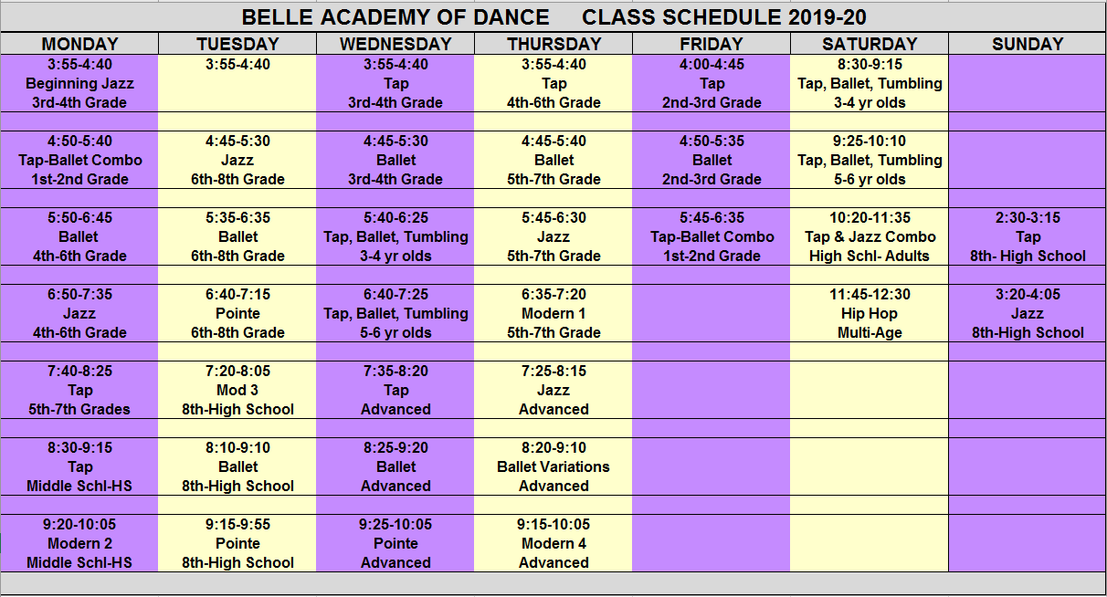 2021-22 Class Schedule - Belle Academy of Dance