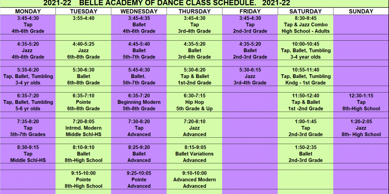 2021-22 Class Schedule - Belle Academy of Dance